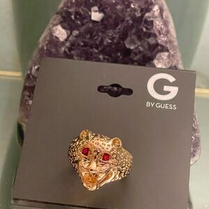 Guess Size 10 Gold-Tone Leopard Ring with Red Accents